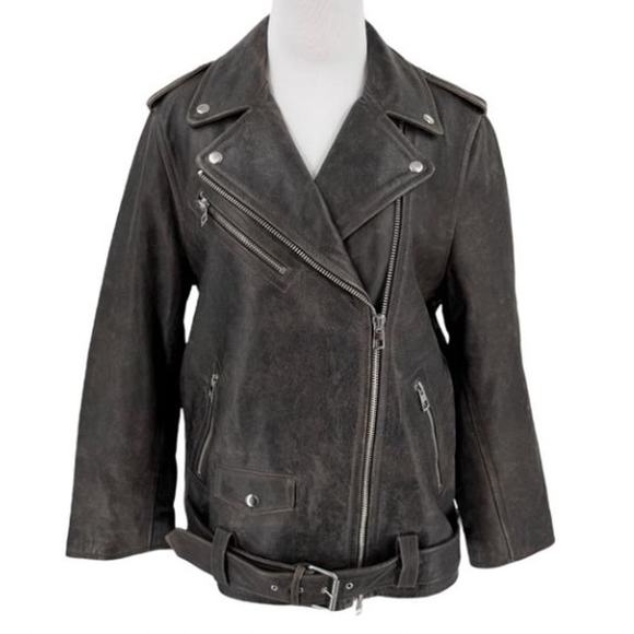 Madewell Womens Distressed Leather Oversized Motorcycle Jacket Size Large L
